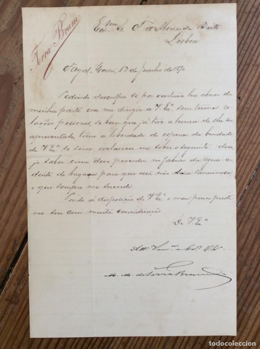 Manuscritos antiguos: Carta Manuscrita 1890 - Faial (A&ccedil;ores) a Lisboa - Fam&iacute;lia Terra Brum - Fabrico de Aguardente