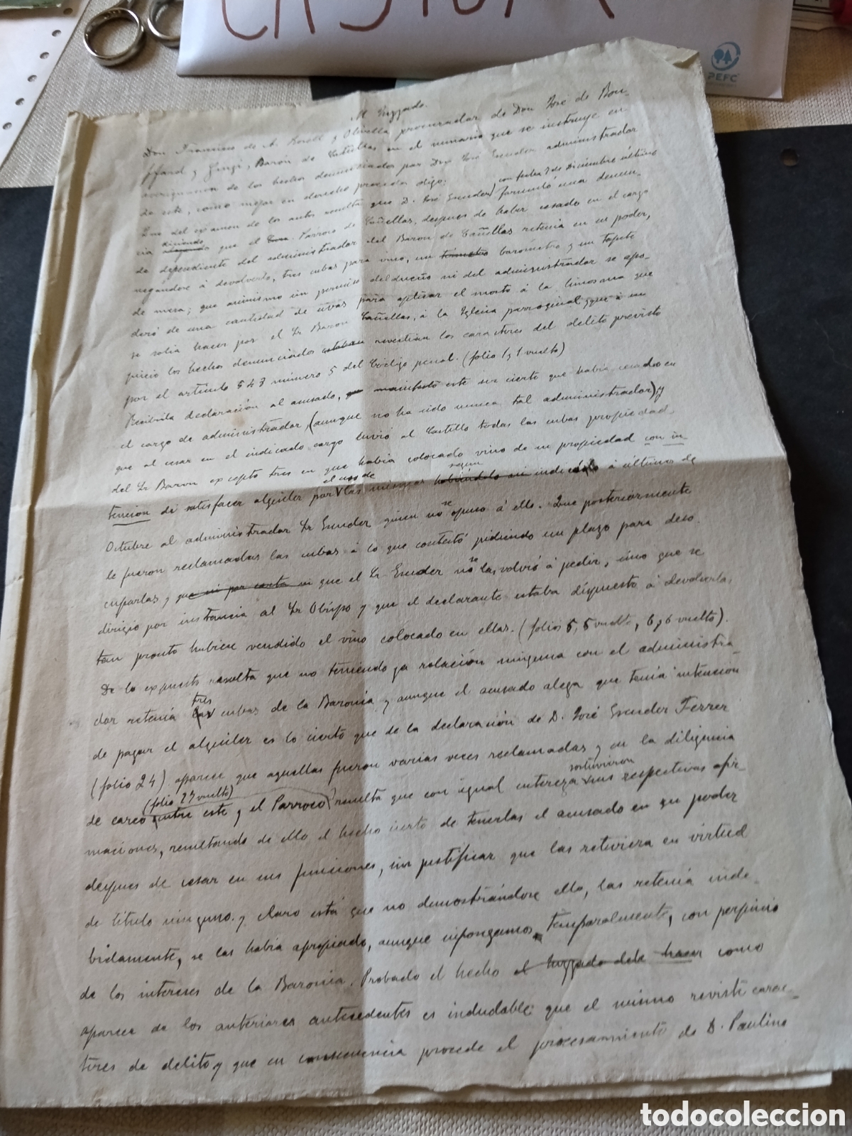 Manuscritos antiguos: Documento antiguo,denuncia de un p&aacute;rroco por apropi&aacute;rselo de 3 toneles,uvas y dem&aacute;s, del Bar&oacute;n de Ca
