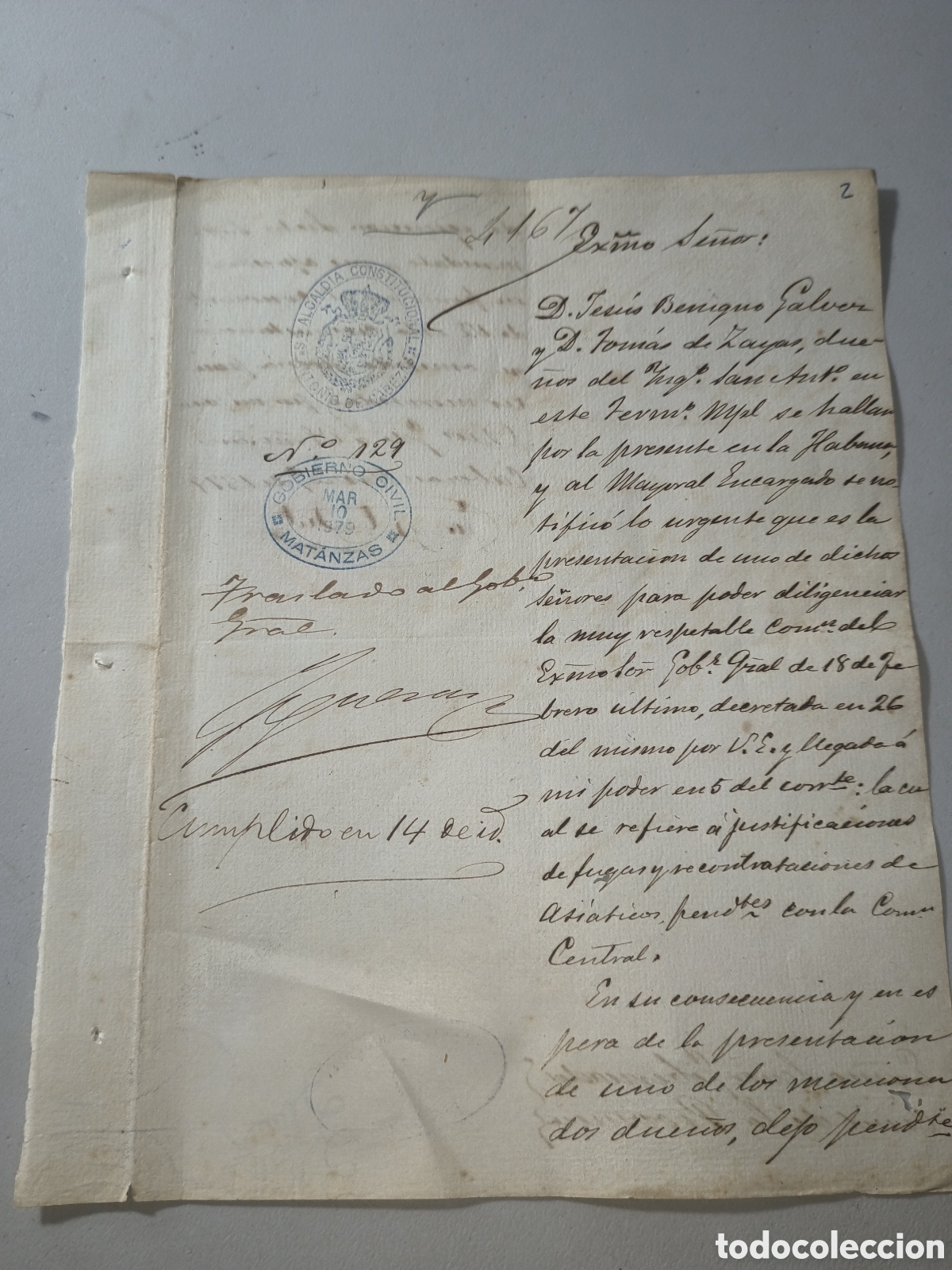 Manuscritos antiguos: Cuba espa&ntilde;ola, documento gobierno civil matanzas, notificaci&oacute;n due&ntilde;os de ingenios,a&ntilde;o 1879