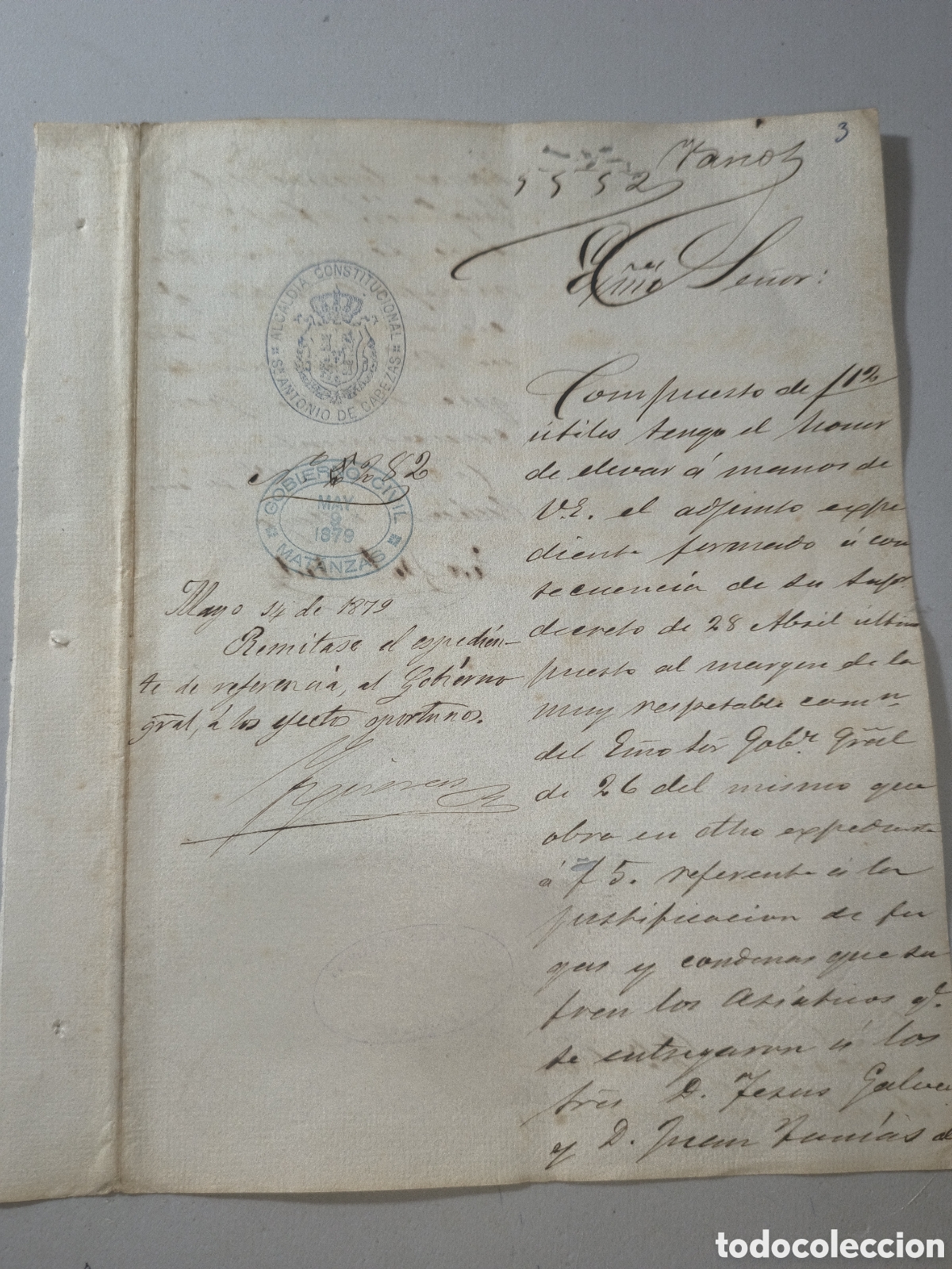 Manuscritos antiguos: Cuba espa&ntilde;ola, documento alcald&iacute;a san Antonio de cabezas, provincia matanzas,a&ntilde;o 1879