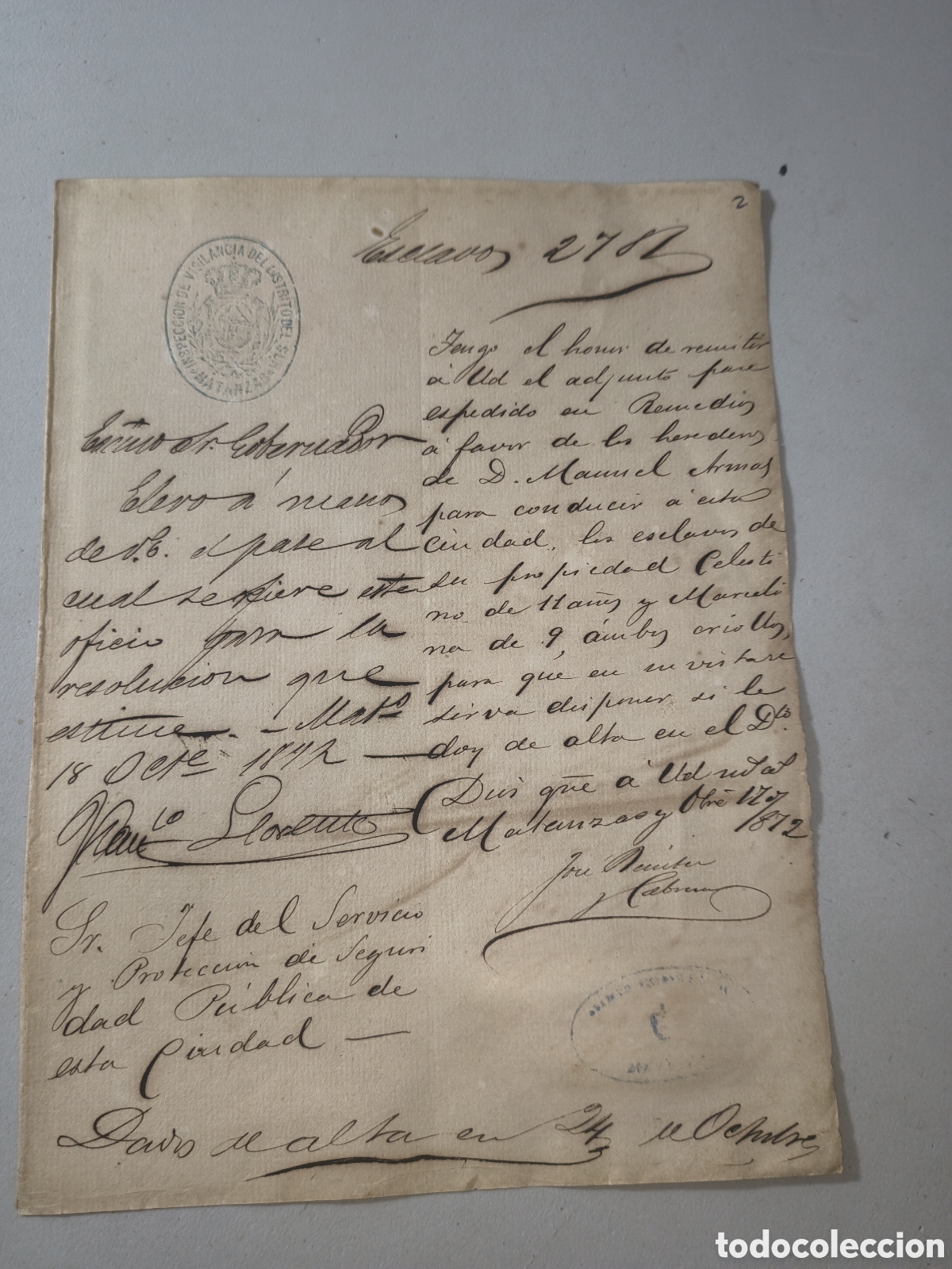 Manuscritos antiguos: Cuba espa&ntilde;ola,permiso conducci&oacute;n esclavos ,a&ntilde;o 1872