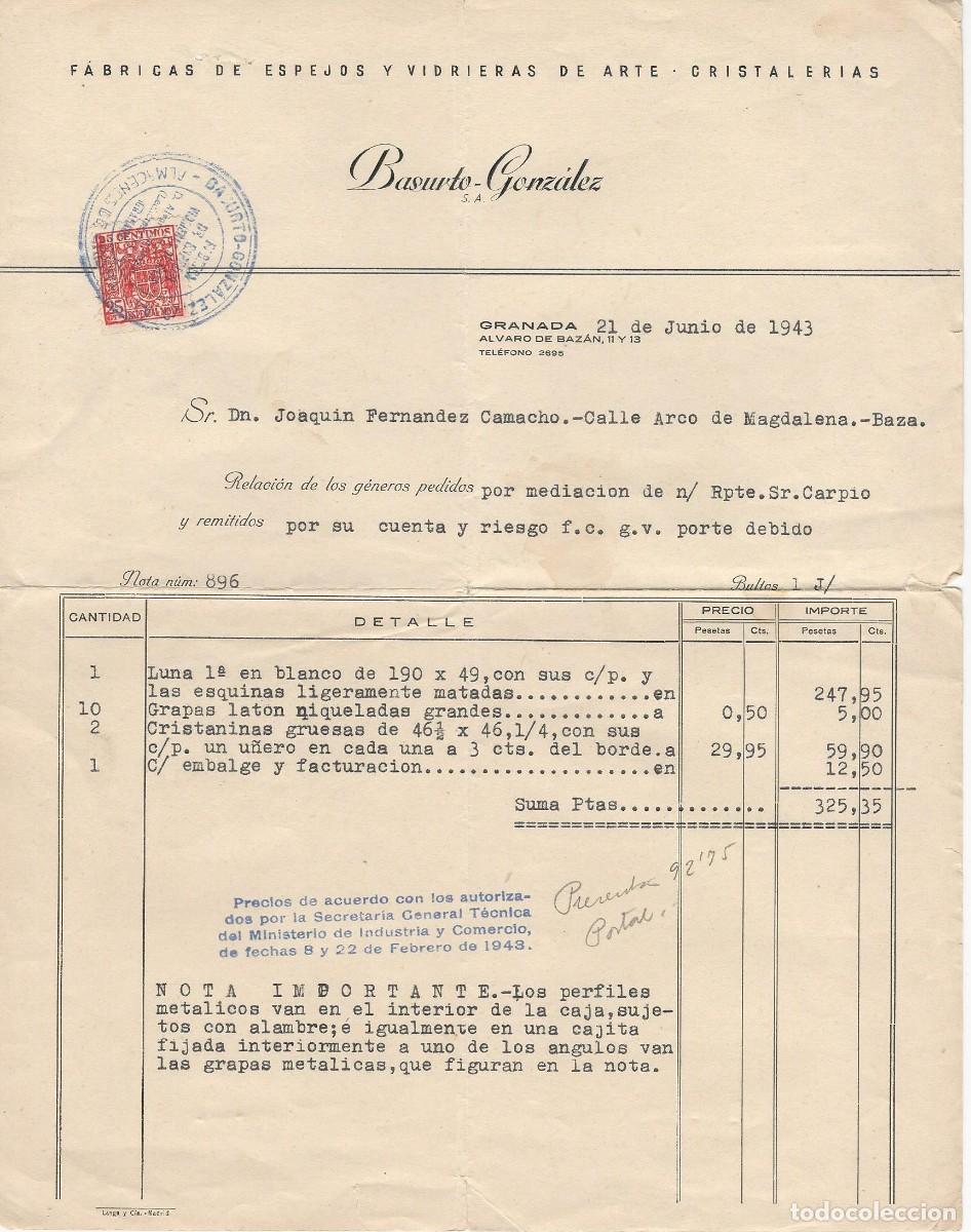 Manuscritos antigos: BAZA GRANADA FACTURA ANTIGUA 1943 BASURTO GONZALEZ JOAQUIN SANCHEZ CAMACHO B03