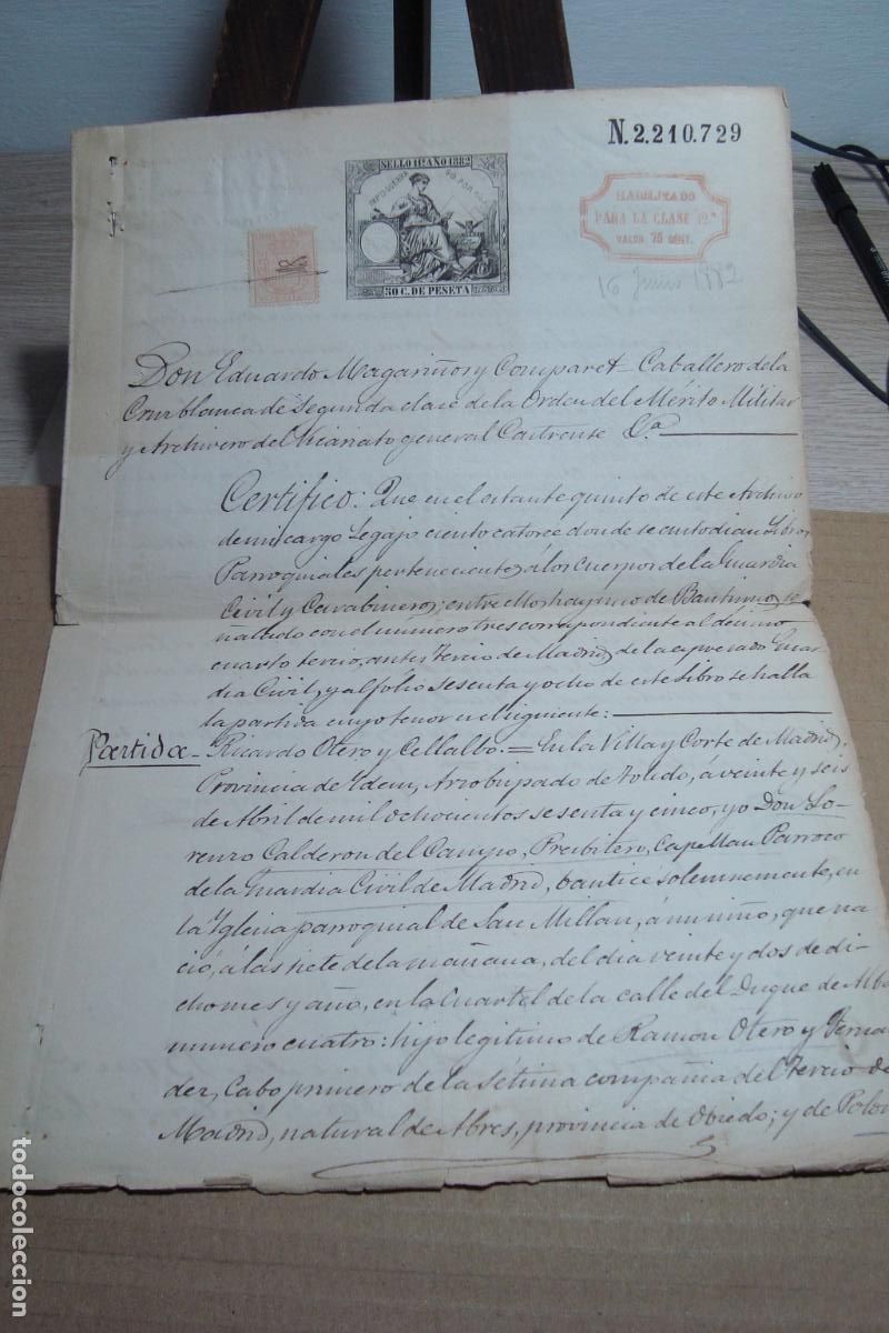 Manuscritos antiguos: CERTIFICACION BAUTIZO RICARDO OTERO CELLALBO. MADRID 1882. MAGARI&Ntilde;OS COMPARET.VICARIATO CASTRENSE