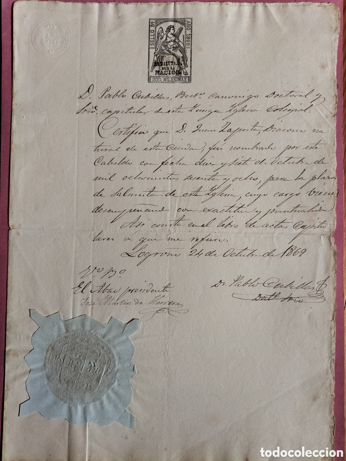 Manuscritos antiguos: Logro&ntilde;o Insigne Iglesia Colegial. Certificaci&oacute;n. 1869