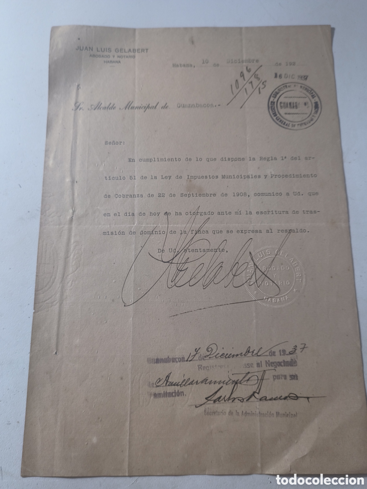 Manuscritos antiguos: Cuba, documento firmado por el abogado y notario Juan Luis Gelabert,a&ntilde;o 1937