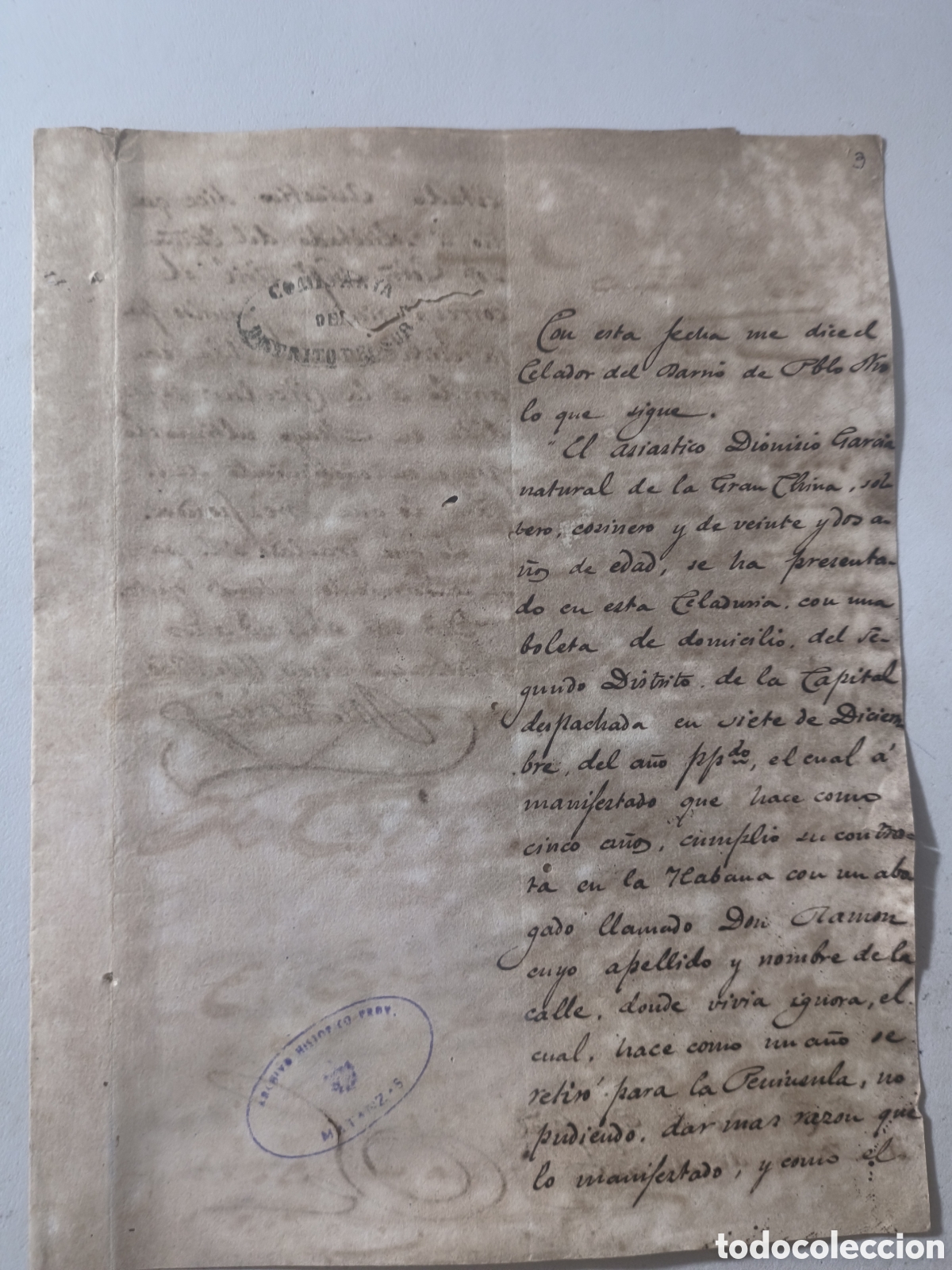 Manuscritos antiguos: Cuba espa&ntilde;ola, documento comisar&iacute;a distrito del sur, domicilio asi&aacute;tico,a&ntilde;o 1860