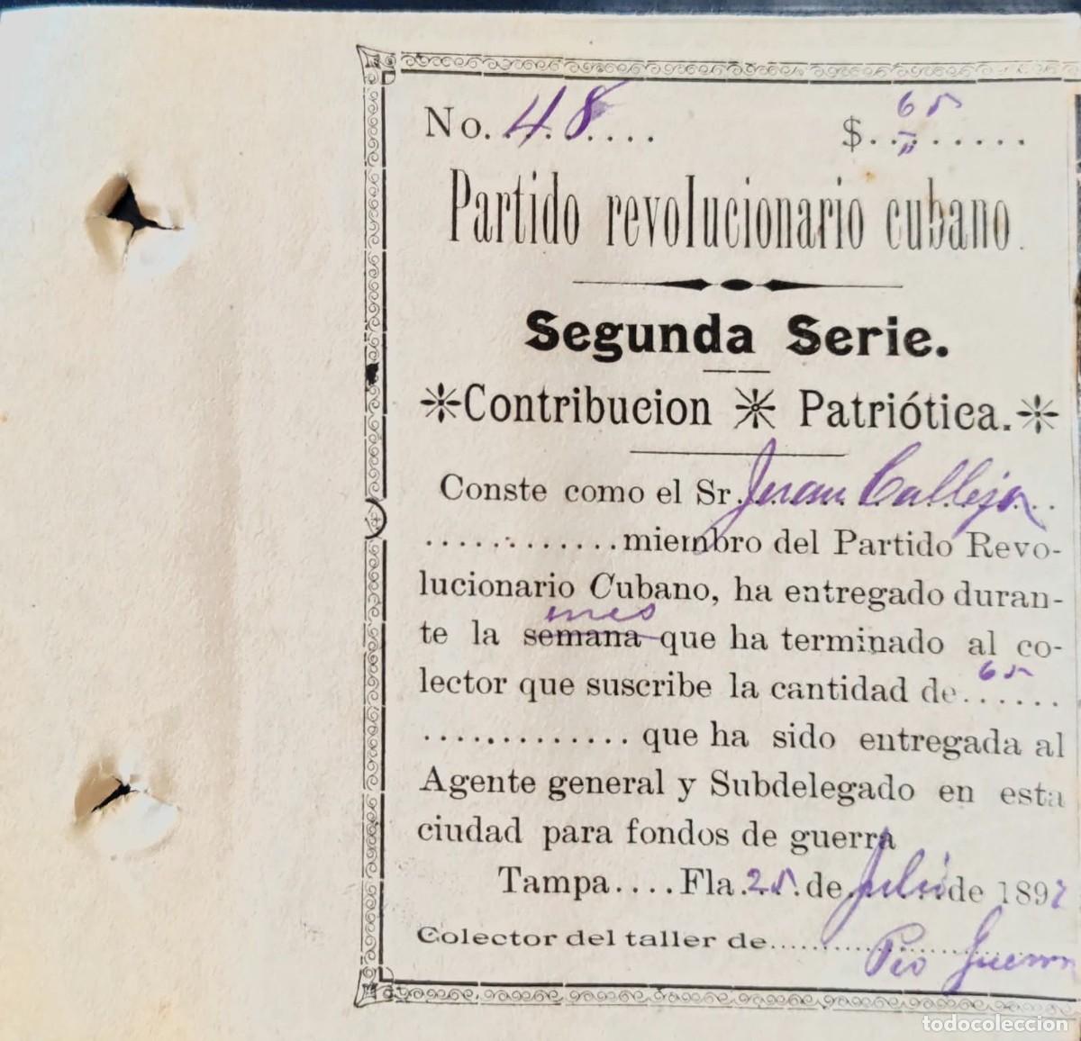 Manuscritos antiguos: 1897 Tampa Florida * Partido Revolucionario Cubano * Contribuci&oacute;n Patri&oacute;tica * Cuba Independencia *