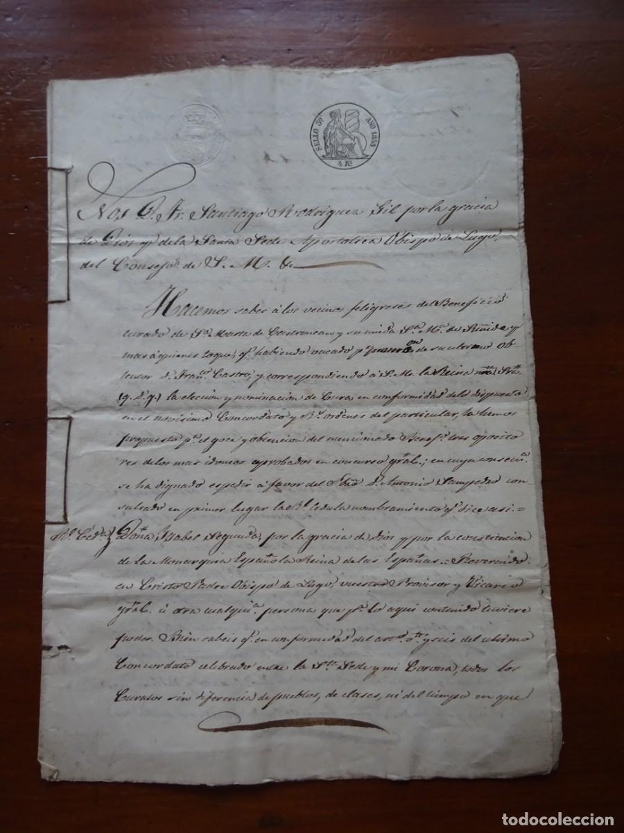 Manuscritos antiguos: Beneficio curado de Santa Marta de Castroncan, Samos, Lugo, propuesta a Isabel II y nombramiento