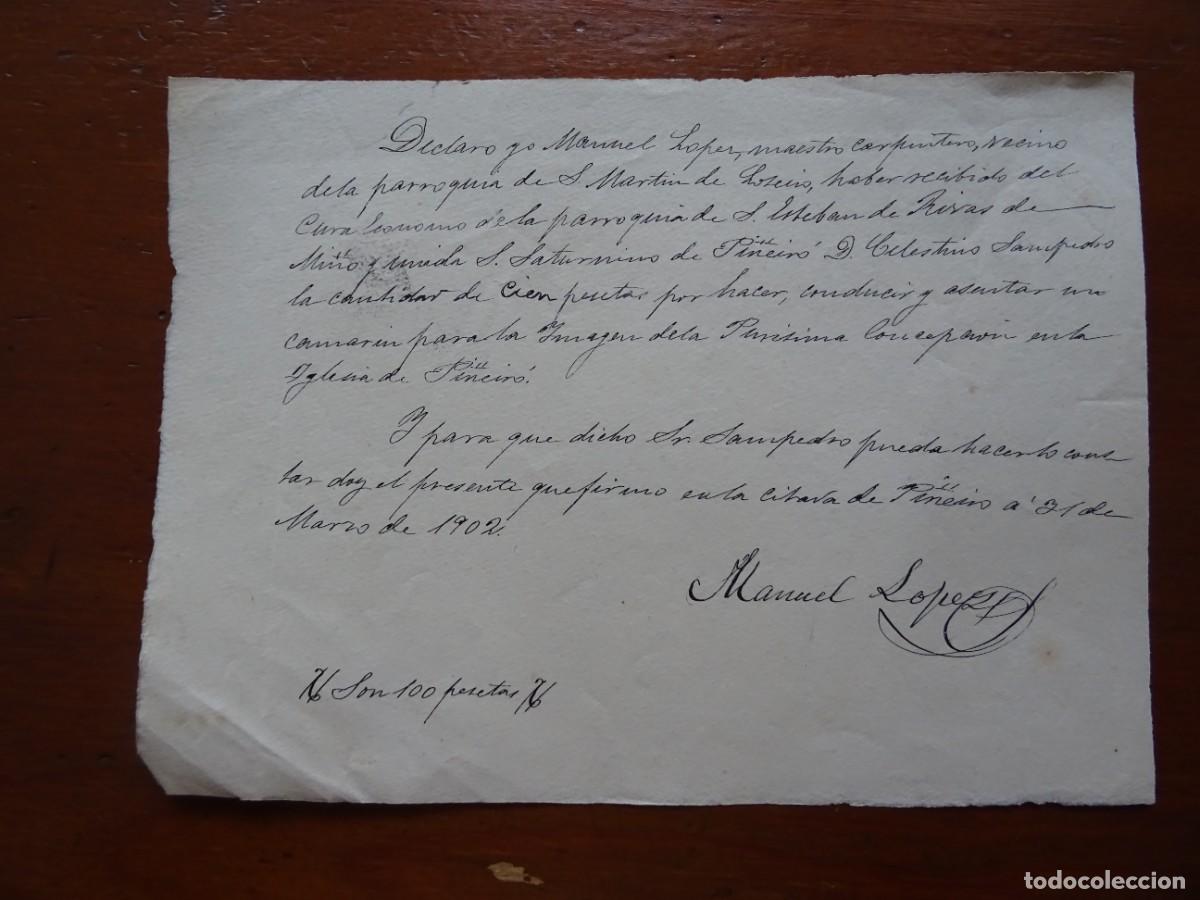 Manuscritos antiguos: San Saturnino de Pi&ntilde;eiro, Lemos, Lugo, carpinter&iacute;a del camar&iacute;n de la Pur&iacute;sima, 1902