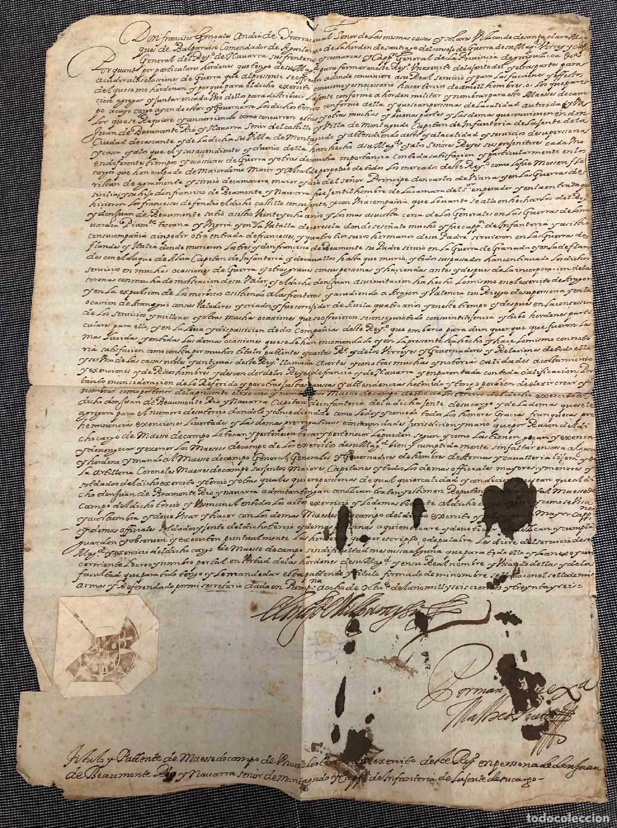 Manuscritos antiguos: TITULO Y PATENTE DE MAESTRE DE CAMPO EJERCITO REINO DE NAVARRA A FAVOR DE JUAN DE BEAUMONT, 1636