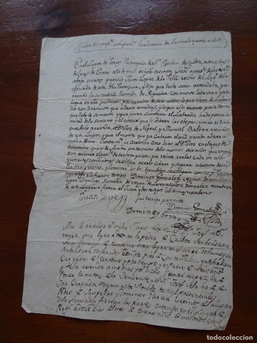 Manuscritos antiguos: Calbor, Lugo, arrendamiento corti&ntilde;a da Rigueira, 1837