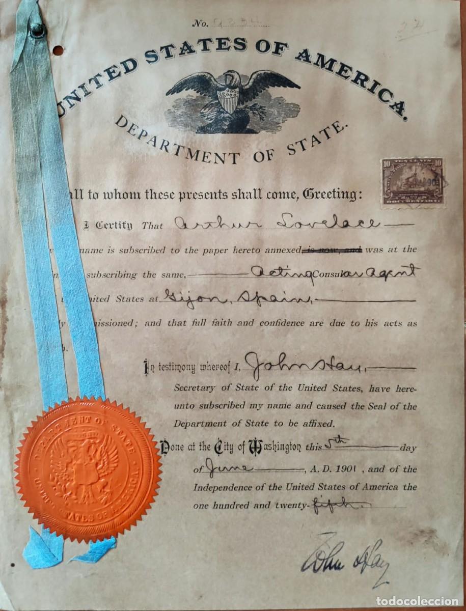 Manuscritos antiguos: 1901 Estados Unidos * Firmado Secretario de Estado John Hay * Asistente Personal de Abraham Lincoln