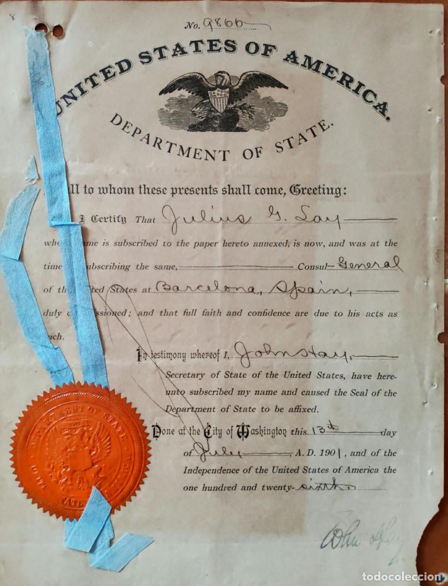 Manuscritos antiguos: 1901 Estados Unidos * Firmado Secretario de Estado John Hay * Asistente Personal de Abraham Lincoln