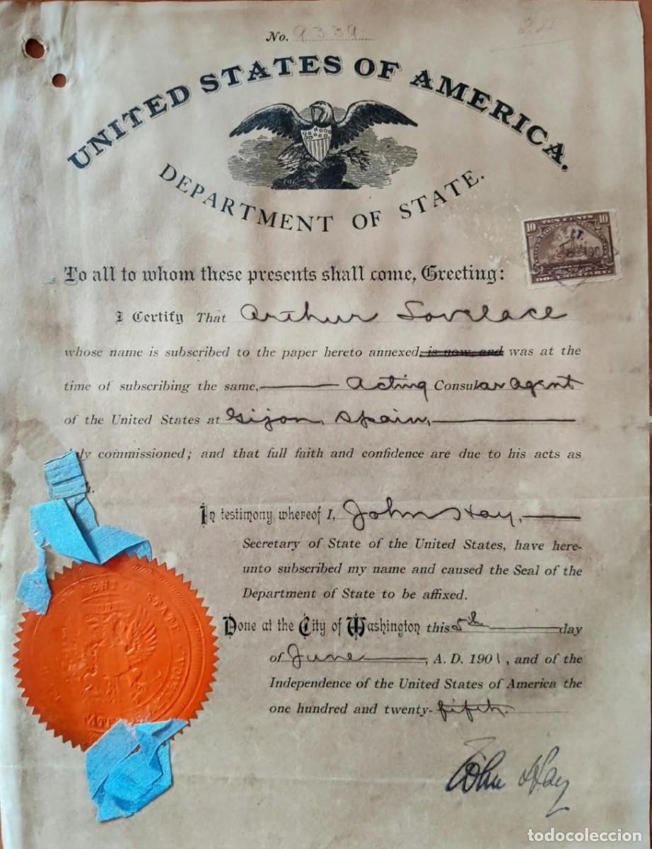 Manuscritos antiguos: 1901 Estados Unidos * Firmado Secretario de Estado John Hay * Asistente Personal de Abraham Lincoln