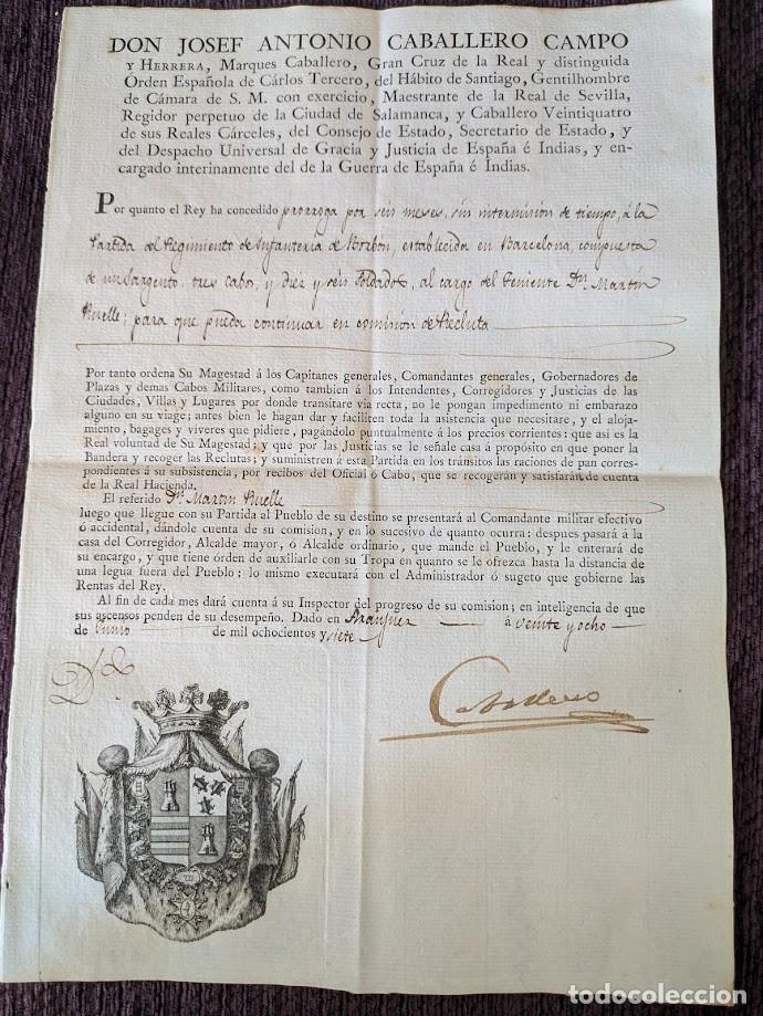 Manuscritos antiguos: Permiso de Porroga a D. Martin Ruelle. Firma Caballero 1807