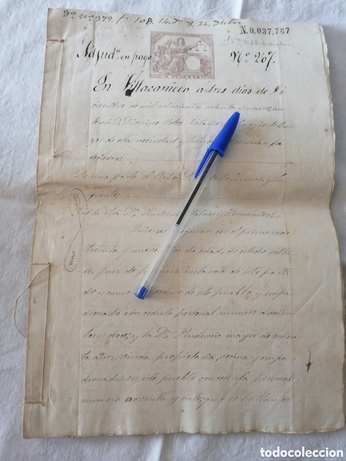 Manuscritos antiguos: Escritura adjudicaci&oacute;n en pago. Villacarriedo Cantabria 1879. Dionisio V&eacute;lez