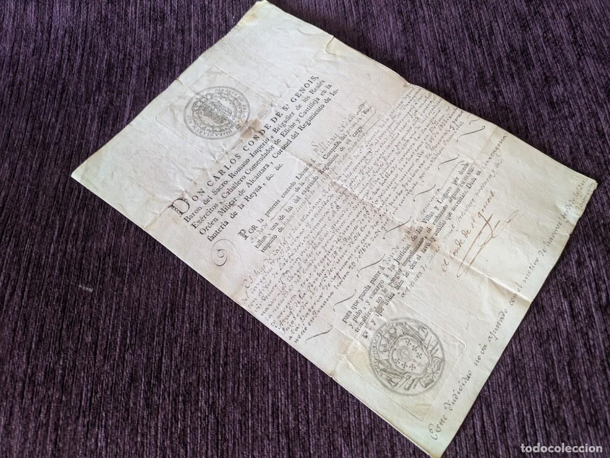 Manuscritos antiguos: Documento de permiso a hijo de Familia Rollada, Conde de St Genois 1796