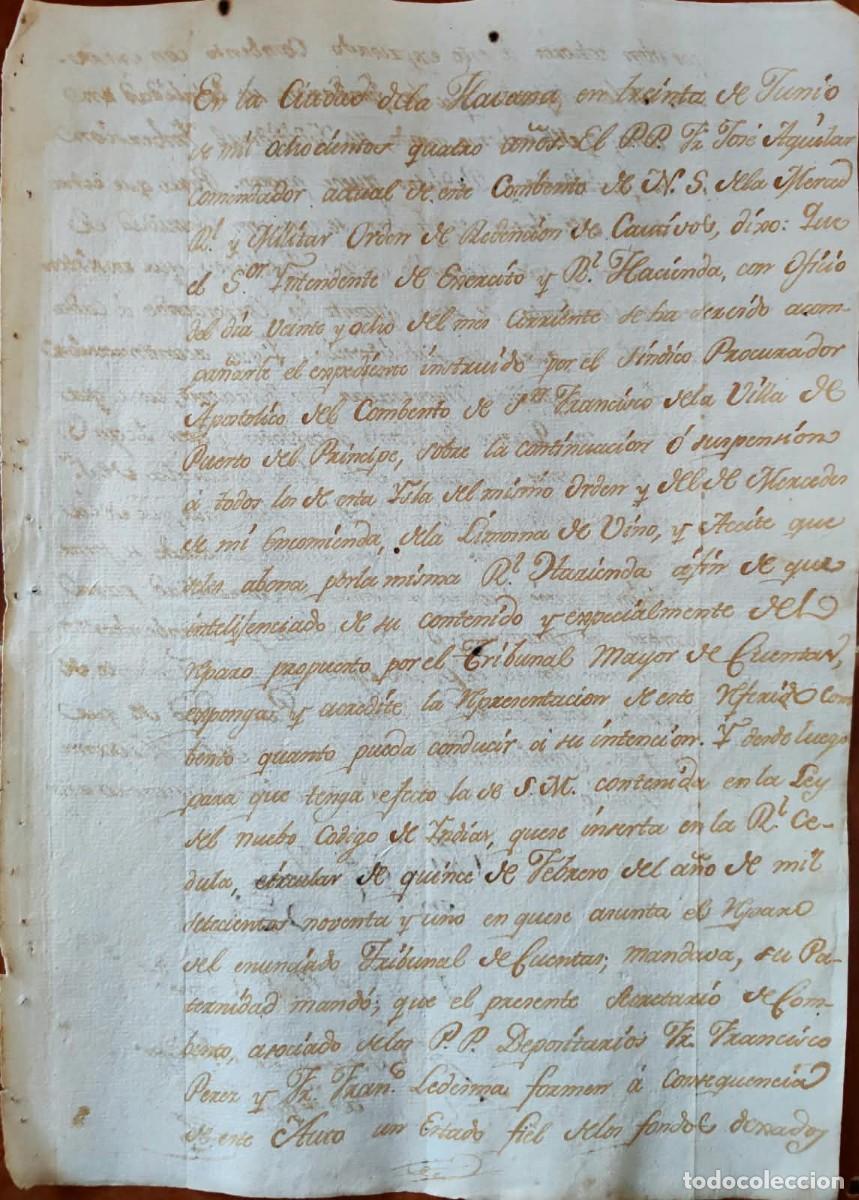 Manuscritos antiguos: 1804 Cuba * Orden Convento Merced de La Habana * Firmada Fr. Jos&eacute; Aguilar * Distribuci&oacute;n de Fondos