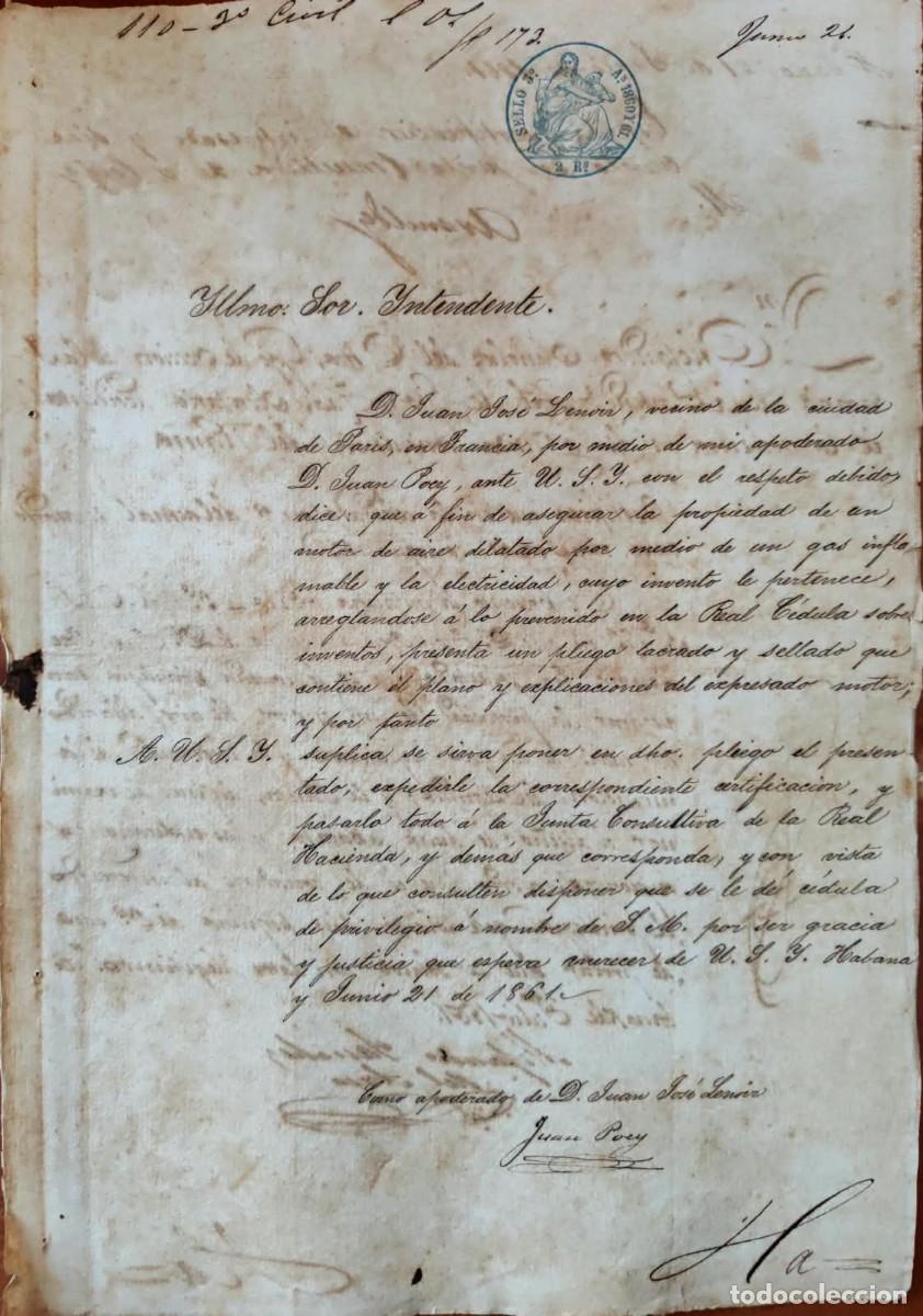 Manuscritos antiguos: 1861 Cuba * Solicitud Privilegio Invenci&oacute;n del Motor de Gas Lenoir * Firmada Conde Arm&iacute;ldez Toledo