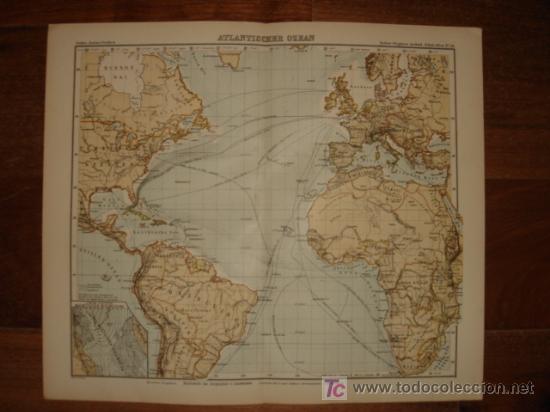 Mapas contempor&aacute;neos: MAPA DEL OCE&Aacute;NO ATL&Aacute;NTICO, ORIGINAL, WAGNER, 1899, 370 x 320 mm .