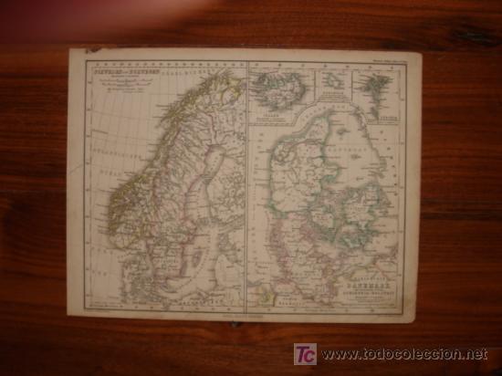 Mapas contempor&aacute;neos: Mapa de SUECIA Y DINAMARCA, ORIGINAL, STIELER,1875, bonito coloreado. EL MUNDO EN 1875