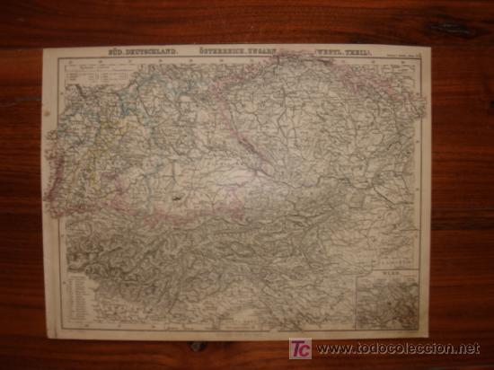 Mapas contempor&aacute;neos: MAPA DEL SUR ALEMANIA,  AUSTRIA Y  H&Uacute;NGR&Iacute;A, ORIGINAL, STIELER,1875, BONITO COLOREADO. EL MUNDO 1875