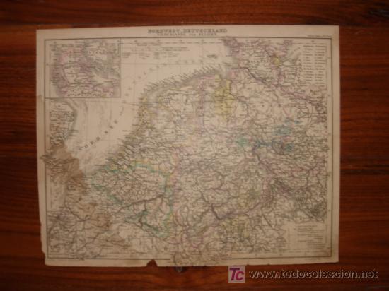 Mapas contempor&aacute;neos: MAPA DEL NORTE DE ALEMANIA HOLANDA ,B&Eacute;LGICA, ORIGINAL, STIELER,1875, BONITO COLOREADO. EL MUNDO 1875
