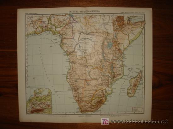Mapas contempor&aacute;neos: MAPA DEL CENTRO Y  SUR DEL  &Aacute;FRICA COLONIAL , ORIGINAL, WAGNER, 1899, 370 x 320 mm .