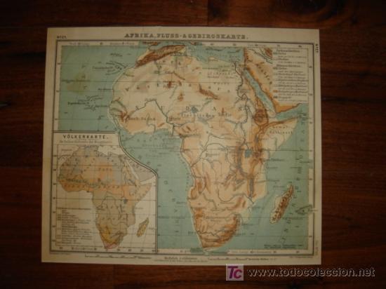 Mapas contempor&aacute;neos: MAPA F&Iacute;SICO DE &Aacute;FRICA , FINALES XIX, ORIGINAL, DEBES&acute;,1898, . EL MUNDO EN 1898