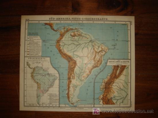 Mapas contempor&aacute;neos: MAPA F&Iacute;SICO DEL SUR DE AM&Eacute;RICA ,FINALES XIX, ORIGINAL, DEBES&acute;,1898, . EL MUNDO EN 1898