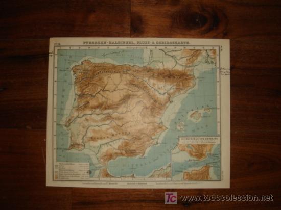 Mapas contempor&aacute;neos: MAPA DE ESPA&Ntilde;A F&Iacute;SICA, FINALES XIX, ORIGINAL, DEBES&acute;,1898. EL MUNDO EN 1898