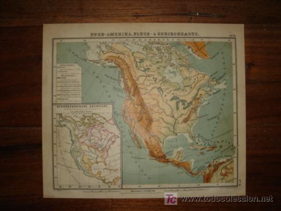 Mapas contempor&aacute;neos: MAPA DE NORTEAM&Eacute;RICA, R&Iacute;OS Y MONTA&Ntilde;AS,  EL MUNDO DEL XIX, ORIGINAL, DEBES&acute;,1888,