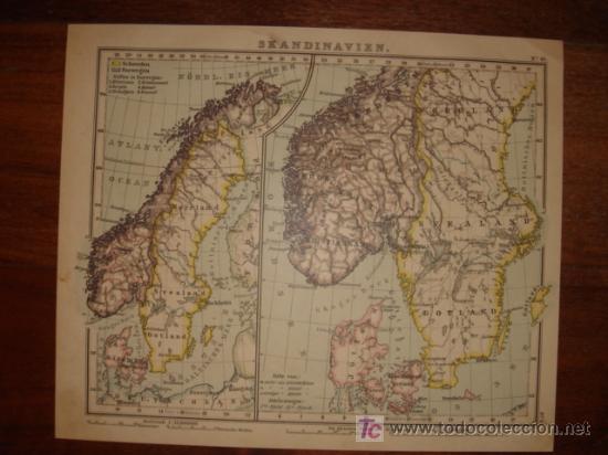 Mapas contempor&aacute;neos: MAPA DE SUECIA Y NORUEGA, EL MUNDO A FINALES DEL XIX, ORIGINAL, DEBES&acute;,1888,