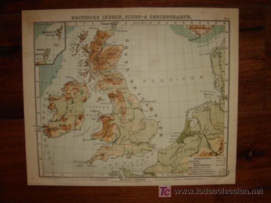 Mapas contempor&aacute;neos: MAPA DE ISLAS BRIT&Aacute;NICAS, R&Iacute;OS Y MONTA&Ntilde;AS,  EL MUNDO DEL XIX, ORIGINAL, DEBES&acute;,1888,