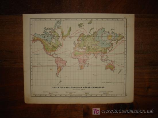 Mapas contempor&aacute;neos: MAPA,CLIMATOL&Oacute;GICO, LINEAS DE AIRE CALIENTE EN EL MUNDO, ORIGINAL, DEBES&acute;,1888, PERFECTO