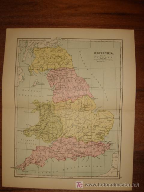 Mapas contempor&aacute;neos: MAPA DE ISLAS BRIT&Aacute;NICAS EN TIEMPOS DE ROMA, ORIGINAL, PHILIPS ATLAS CL&Aacute;SICO,1880.