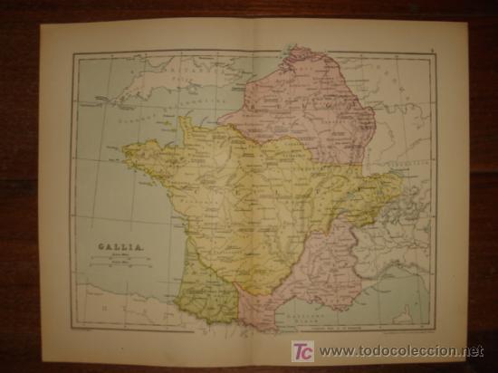 Mapas contempor&acirc;neos: MAPA DE FRANCIA EN TIEMPOS DE ROMA, ORIGINAL, PHILIPS ATLAS CL&Aacute;SICO,1880.