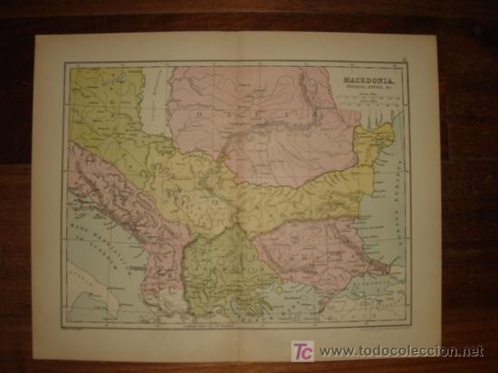 Mapas contempor&acirc;neos: MAPA MACEDONIA, MOESIA Y TRACIA, ORIGINAL, PHILIPS ATLAS CL&Aacute;SICO,1880.