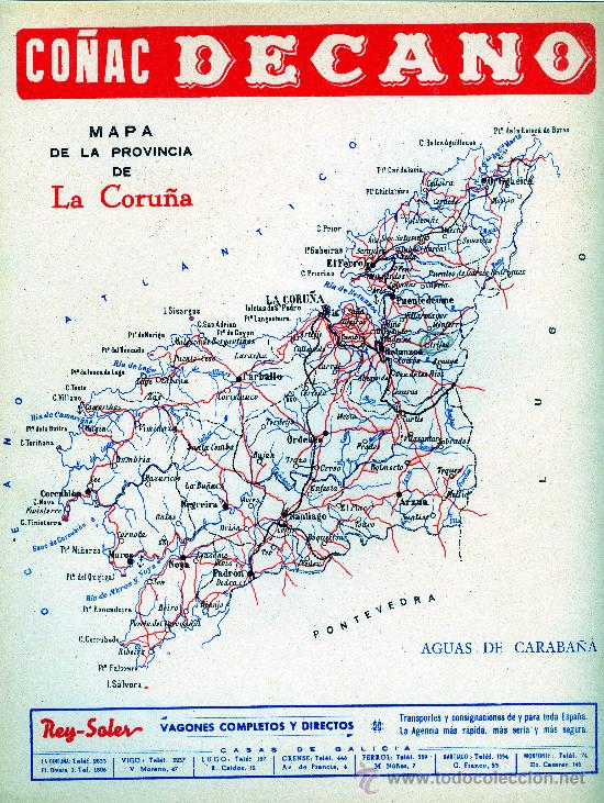 Mapas contempor&aacute;neos: MAPA LA CORU&Ntilde;A COMUNICACIONES A&Ntilde;OS 40-50 CON PUBLICIDAD EN PARTE POSTERIOR