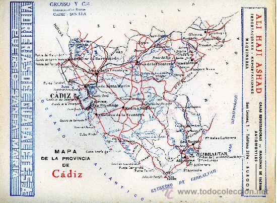 Mapas contempor&aacute;neos: MAPA CADIZ COMUNICACIONES A&Ntilde;OS 40-50 CON PUBLICIDAD EN PARTE POSTERIOR