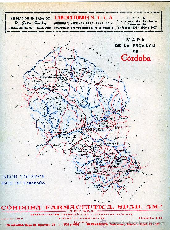 Mapas contempor&aacute;neos: MAPA CORDOBA COMUNICACIONES A&Ntilde;OS 40-50 CON PUBLICIDAD EN PARTE POSTERIOR