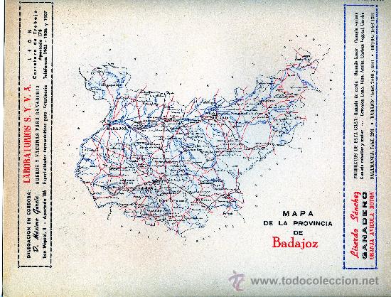 Mapas contempor&aacute;neos: MAPA BADAJOZ COMUNICACIONES A&Ntilde;OS 40-50 CON PUBLICIDAD EN PARTE POSTERIOR