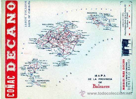 Mapas contempor&aacute;neos: MAPA BALEARES COMUNICACIONES A&Ntilde;OS 40-50 CON PUBLICIDAD EN PARTE POSTERIOR