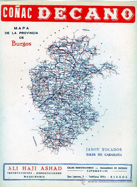 Mapas contempor&aacute;neos: MAPA BURGOS COMUNICACIONES A&Ntilde;OS 40-50 CON PUBLICIDAD EN PARTE POSTERIOR