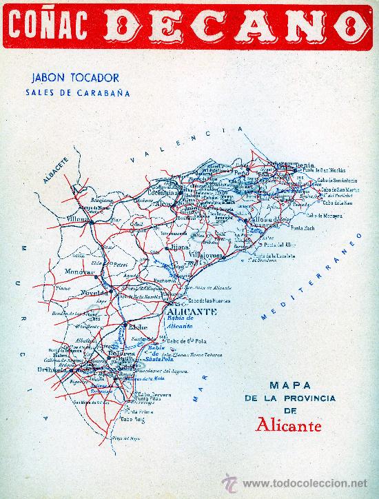 Mapas contempor&aacute;neos: MAPA ALICANTE COMUNICACIONES A&Ntilde;OS 40-50 CON PUBLICIDAD EN PARTE POSTERIOR