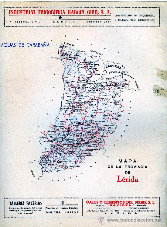 Mapas contempor&aacute;neos: MAPA LERIDA COMUNICACIONES A&Ntilde;OS 40-50 CON PUBLICIDAD EN PARTE POSTERIOR