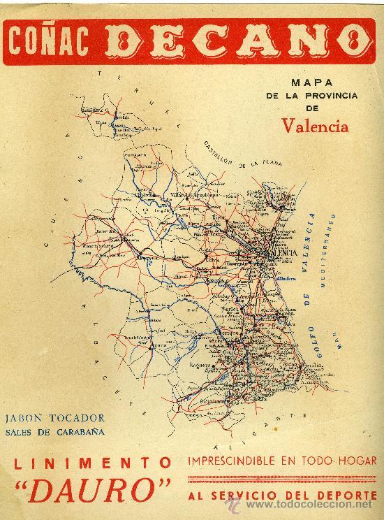 Mapas contempor&aacute;neos: MAPA VALENCIA COMUNICACIONES A&Ntilde;OS 40-50 CON PUBLICIDAD EN PARTE POSTERIOR