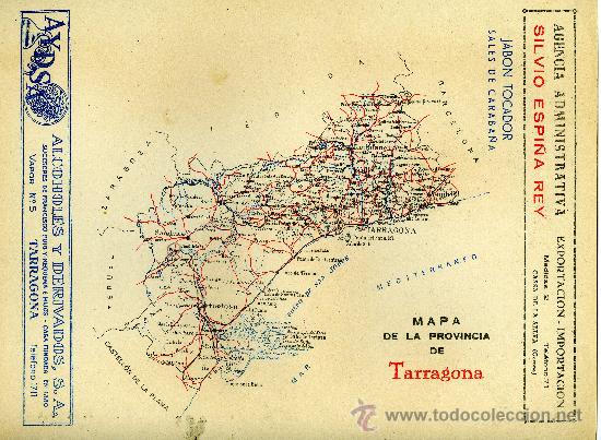 Mapas contempor&aacute;neos: MAPA TARRAGONA COMUNICACIONES A&Ntilde;OS 40-50 CON PUBLICIDAD EN PARTE POSTERIOR