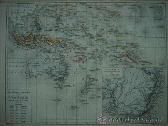 Mapas contempor&aacute;neos: MAPA F&Iacute;SICO Y POL&Iacute;TICO DE OCEAN&Iacute;A, INCLUYE COLONIAS ESPA&Ntilde;OLAS,DRIOUX,1887