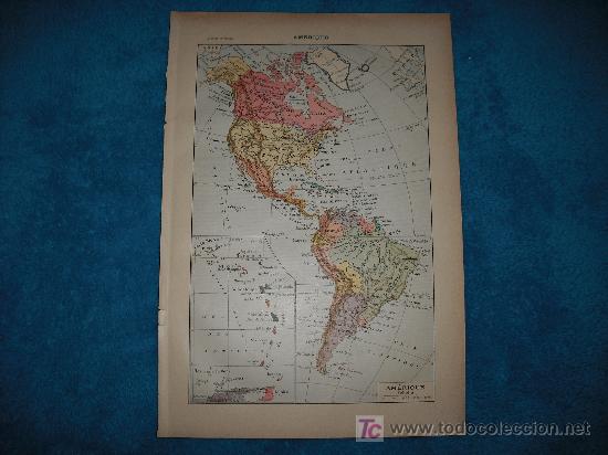 Contemporary maps: 1890 ANTIGUO MAPA DE AMERICA EN COLOR. Grabados en parte posterior.